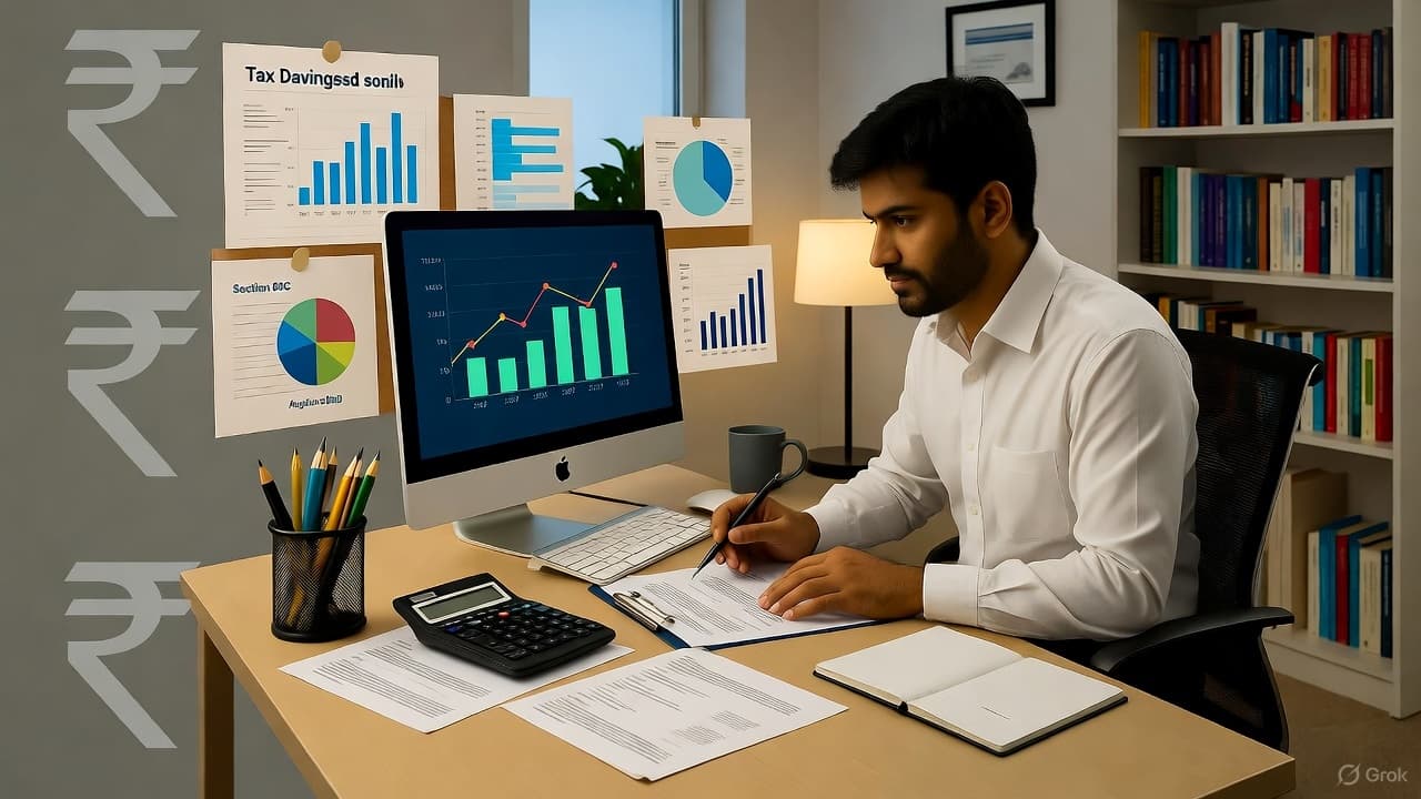 Indian freelancer calculating income tax savings with calculator, documents showing Section 80C, 80D deductions, and business expense receipts on desk